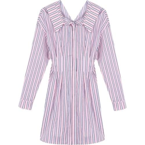 PERHAPS U Women Spring New Dress Lace Up Turn Down Collar Long Sleeve A-line Elegant Mini Dress Striped Pink D1908