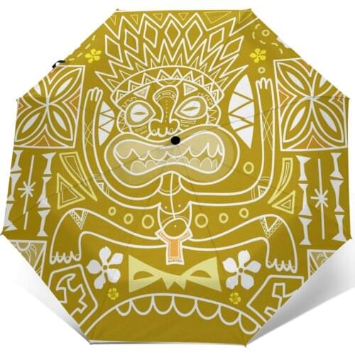 Wind Resistant Fully-Automatic Umbrella Ethnic Tiki Mask Ornaments Rain 3 Folding Parasol Travel Car Umbrella
