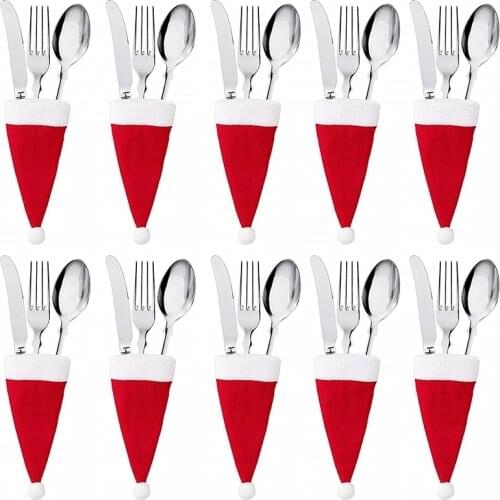 1/5/10pcs Christmas Fork Knife Cutlery Holder Bag Pocket Red Santa Hat Spoon Tableware Storage Bag for Dinner Table Decor