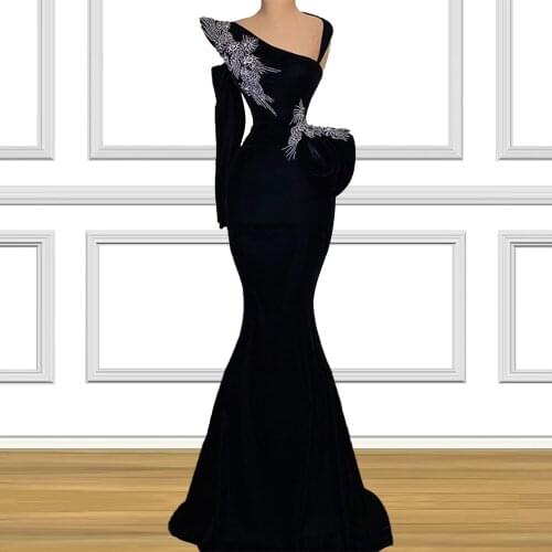 Padded Shoulder Single Sleeve Satin Prom Dresses Black Mermaid vestido de fiesta de boda sukienki koktajlowe