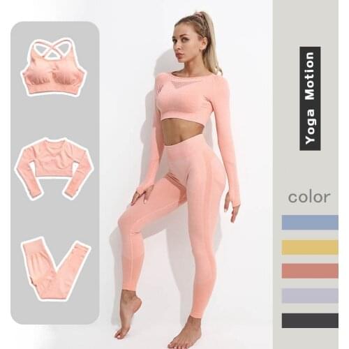 3 Pcs Seamless Women Yoga Set Gym Clothing Fitness Cropped Shirts Sport Bra Women Long Sleeve High Waist Leggings Sports Suit