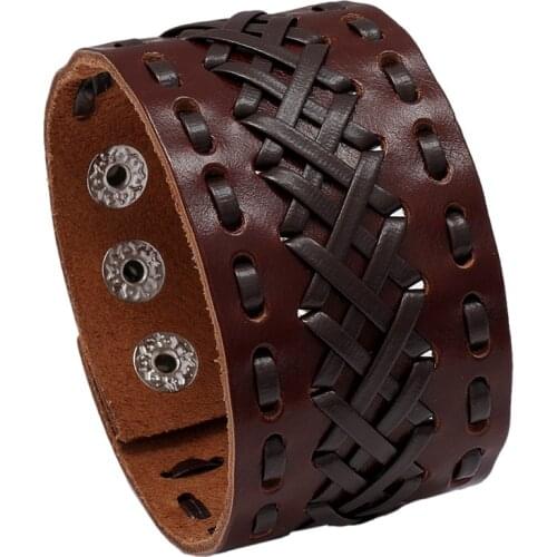 Jessingshow Punk Style Bracelets Retro Genuine Leather Wide Wristband Collocation Button Manual Weave Bangles Unisex Jewelry