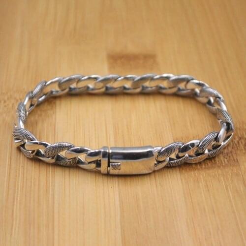 Pure 925 Sterling Silver Bangle 11mm Width Carved Glossy Curb Link Chain Bracelet For Men Lucky Gift 35g / 7.9inch