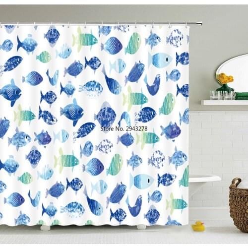 Kids Cartoon Shower Curtain Home Decor Blue fish Boy Bathroom waterproof Polyester Fabric Bath Curtain with Hook