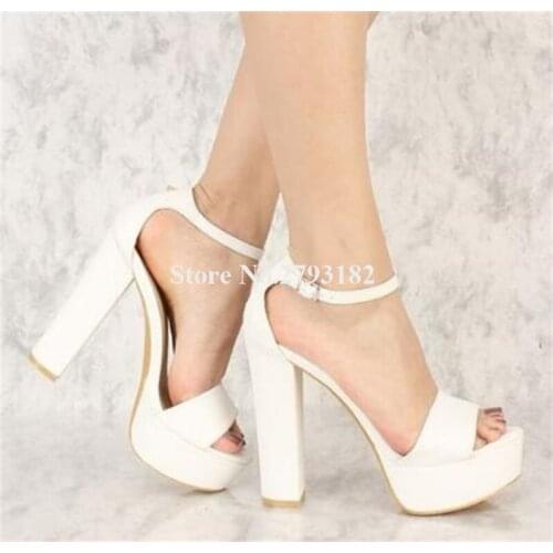 Elegant Women Fashion Peep Toe Suede Leather Chunky Heel High Platform Sandals White Ankle Strap Buckle Thick High Heel Sandals