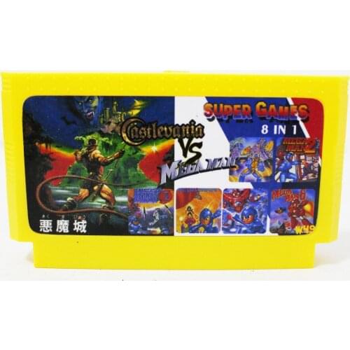 Super Games 8 In 1 Game Cartridge with Megaman 1/2/3/4/5/6 + Castlevania 1/2 8bit Game Card Drop shipping