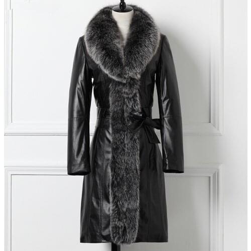 Leather Jacket Winter Jacket Women Fox Fur Collar Genuine Sheepskin Coat Female Warm Long Down Jacket Plus Size MY4372