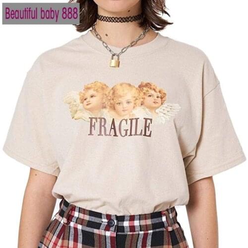 Meqeiss 2020 Summer New Women Baby Angel Printing Casual Fashion T-shirts letter Short Sleeve O-Neck Khaki Loose Female Tees