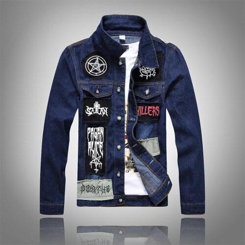 Men Jeans Jacket Patch Designs Male Long Sleeve Cotton Denim Jacket Single Breasted Punk Rock Style Cowboy Streetwear