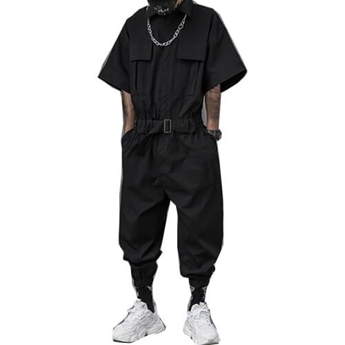 Mens overalls solid color street casual lapel jumpsuit multi-pocket loose 2021