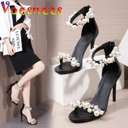 2021 New Lovely Beaded Sandal Women Party Shoes One Word Band Diamond Pearl High Heels Summer Cover Heel Zip Model Stiletto Shoe