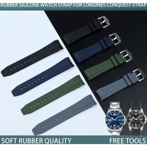 21mm Soft Rubber Silicone Waterproof Watch Band Black Blue Gray Green Pin Buckle Watchband For Longines Strap Conquest Series