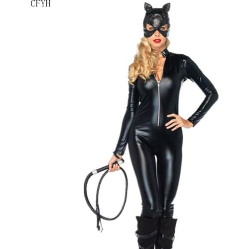 Sexy Costume Faux Leather Black Sexy Latex Catsuit Erotic Cat Costume Halloween Cosplay Masquerade Wear Suit