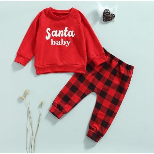 0-3Y Toddlers Girls Boys Christmas Clothes Outfits Baby Letters Print Long Sleeve Sweatshirt Top + Plaid Casual Pant Sets