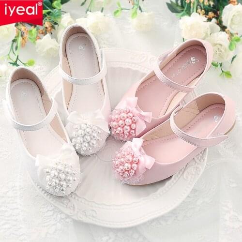 IYEAL Pearls Flower Girls Wedding Leather Shoes 2020 New Fashion Kids Dancing Shoes For Party Children Slip On Princess Shoes
