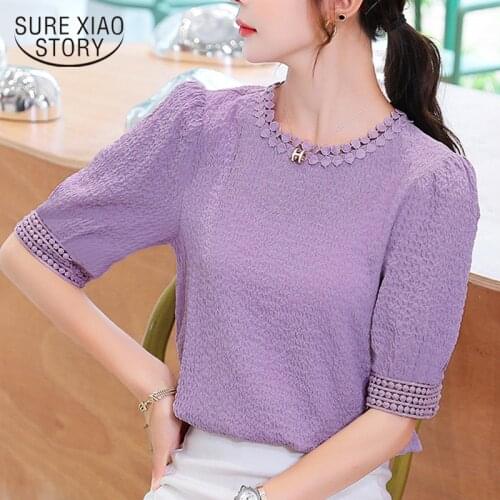 2021 Summer Pleated Apricot Purple Tops Blusas Mujer Short Sleeve Chiffon Shirt Women Casual O Neck Plus Size Women Blouse 10205