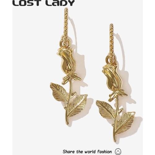 Lost Lady New Trendy Gold Color Alloy Flower Dangle Earrings Jewelry For Women Fashion Accessories Wholesale Party Wedding Gift