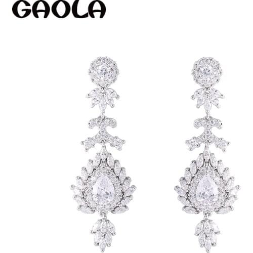 GAOLA Factory Price Luxury Wedding Earring White Gold-Color Shinning Clear Cubic Zirconia Women Bridal Long Earrings GLE6844Y