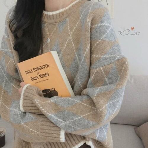 Diamond Plaid Sweater Women Long Sleeve Loose And Lazy Jumper Tops Japanese Cozy Spring Autumn Fashion Knitted Female Coat C010