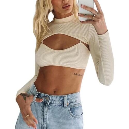 2021 Woman Autumn Sexy Solid Color Knitted Crop Tanks+Long Sleeves Cover Tops Tube Top Camisole and Long Sleeve Smock Outfits