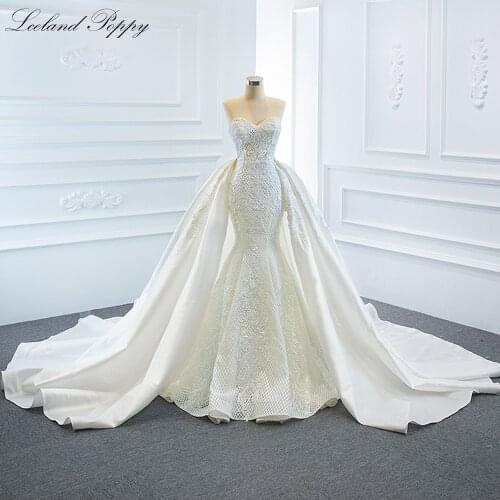 Lceland Poppy Strapless Lace Mermaid Wedding Dresses 2021 Floor Length 2 in 1 Satin Bridal Gowns with Derachable Train