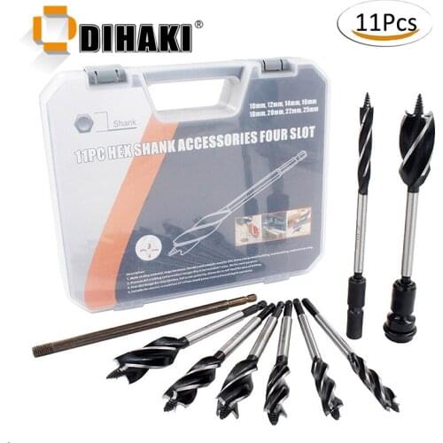 11pcs Four-Slot Hole Opener 10-25mm High Speed Steel Twist Four-blade Drill Bit 6.35mm Shank Hole Saw For Door Lock Wood Tool