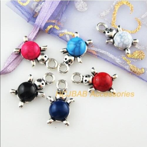 12Pcs Tibetan Silver Color Tortoise Mixed Stone Charms Pendant 14x23mm
