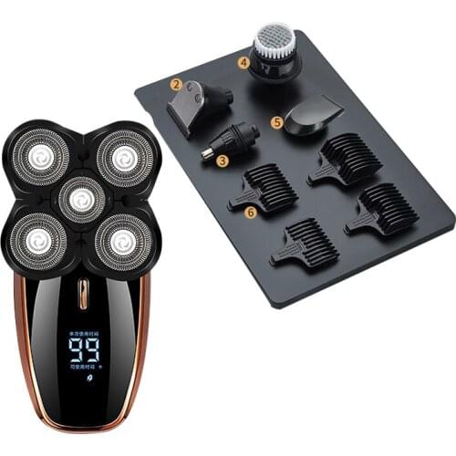 5 in 1 Rechargeable Electric Shaver Bald Hair Clipper Nose Hair Trimmer Mens Facial Cleaning Brush LCD Full Body Wash