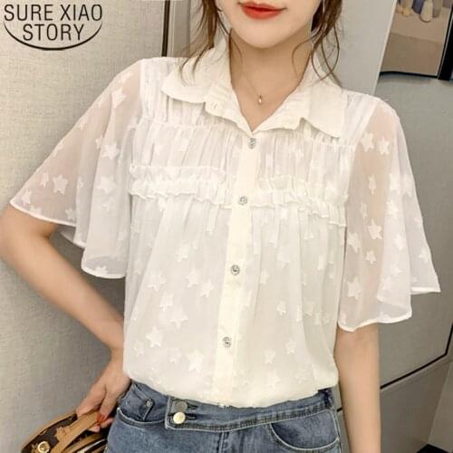 Sweet Flare Short Sleeve Summer Blouses Women White Cardigan Ladies Tops Casual Chiffon Clothes New Korean Women Shirts 9057 50