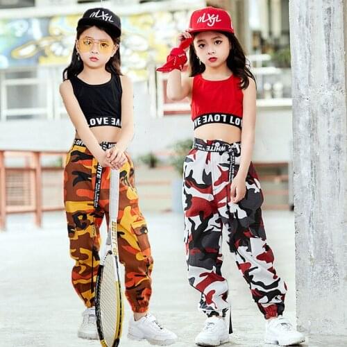 Children Jazz Dance Costume For Girls Hip Hop Street Dancing Costumes Black Red Vest Pants Kids Performance Dance Clothes