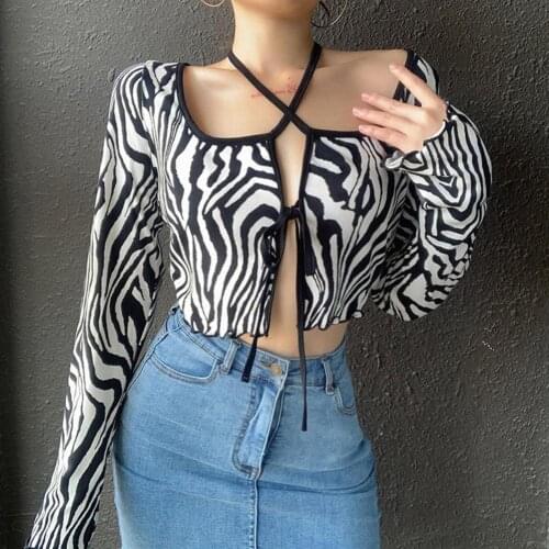 Sexy Women T-Shirts Fashion Long Sleeve Zebra Print Open Front T-shirt Halter Crop Top Womens Clothing 2021 футболка женский