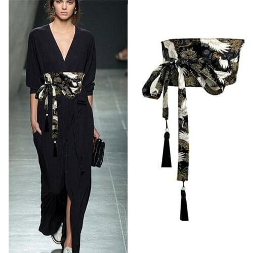 Kimono Cardigan Tassel Obi Dress Women Crane Asian Cosplay Japanese Outfit Geisha Traditional Streetwear Sleepwear Classic Belt