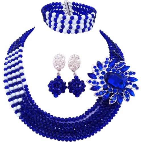 Fashion Royal Blue White Multi Strands Statement Necklace Nigerian Beads African Jewelry Set Crystal Wedding Sets 5JZ19