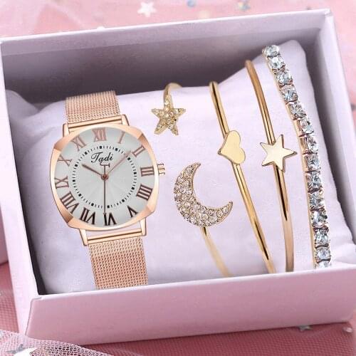 4PCS Bracelet Set Women Rose Gold Mesh Belt Roma Watches Ladies Classic Quartz Analog Wristwatches Reloj Mujer