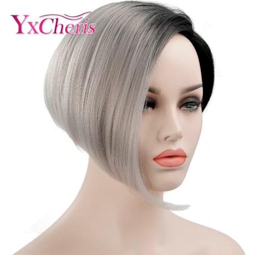 YxCheris Short Black Wigs For Women Ombre Grey Hair Wigs Female Heat Resistant Fiber Synthetic Cosplay Wig With Dark Roots