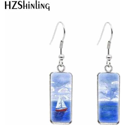 Summer sailboat Ocean Wave Rectangular Hook Earrings Glass Cabochon Dangle Drop Stainless Steel Ear Jewelry