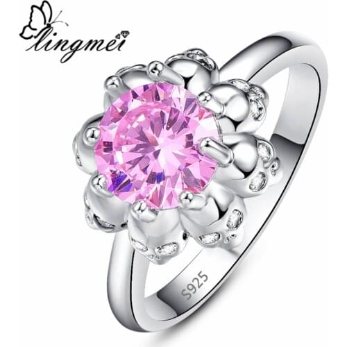 Lingmei New Comes Hot Round Flower Pink & Red Cubic Zirconia Silver Color Ring Size 6-9 Popular Luxury Women Wedding Jewelry