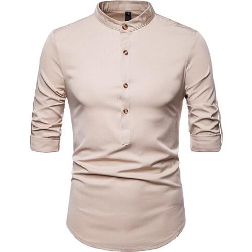 Mens Hipster Henley Shirt 2021 Fashion Rolled Up Sleeve Dress Shirt Men Slim Fit Long Sleeve Cotton Shirts Camisa Masculina XXL