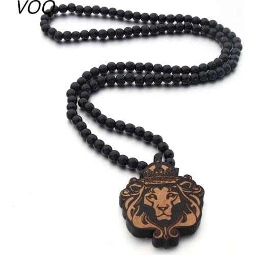 VOQ Hiphop Rock The Lion King Pendant Long Necklace for Men Wood Beads Sweater Chains Original Jewerly Party Gifts