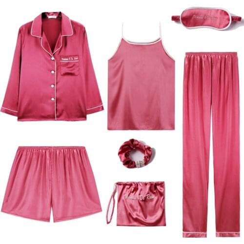 Spring&summer Long Sleeved Sexy Pijama Ice Silk 7 Pieces Thin Shorts Suit Silk Pajamas for Women Night Suit Home Sleepwear Sets