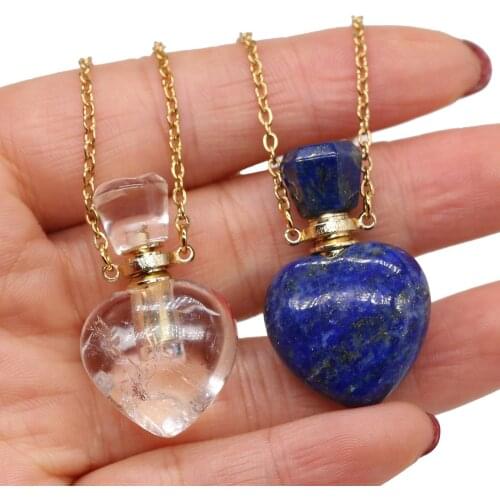Clear Quartz Heart Bottle Essential Oil Pendant Necklaces for Women Natural Stone Lapis Lazuli Perfume Bottle Necklace Jewelry