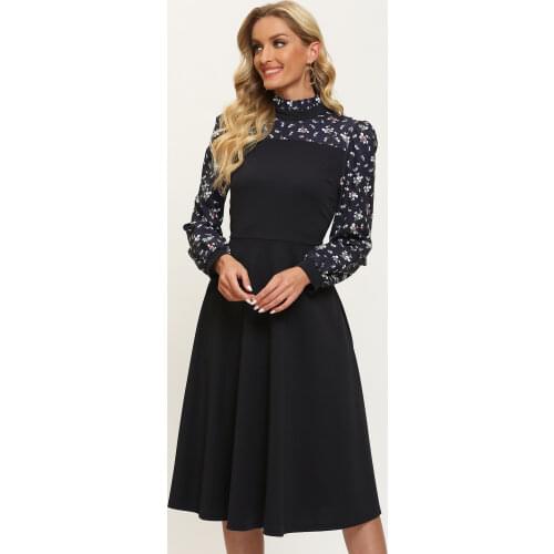 S.FLAVOR Long Sleeve Patchwork Dress 2021 Women Winter Dress Slim Casual A-Line Dress Stand Collar Autumn Party Vestidos