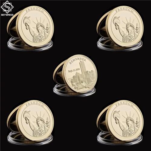 5PC USA Statue Of Liberty Freedom Gold Coins 2001.9.11 Remember Attacks 1 World Trade Center For Recalling History