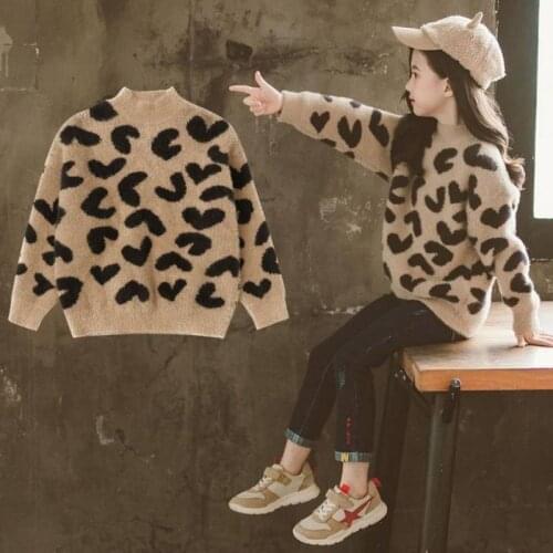 Girls Sweater Kids Coat Outwear 2021 Leopard Plus Velvet Thicken Warm Winter Autumn Tops Fleece Christmas Childrens Clothing