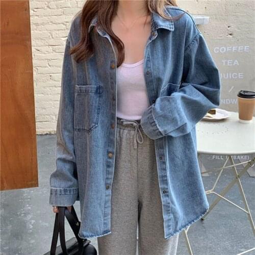 Oversized Womens Spring and Autumn New Loose Denim Shirt Fashion Port Style Design Big Pocket Jacket Fashion Lazy Denim Top