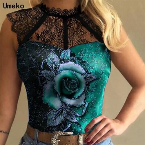 Umeko Women Sexy Lace T-Shirt Sleeveless Crew Neck Ruffle Collar See-through Tops Spring Fashion Rose Flower Office Tops Shirts