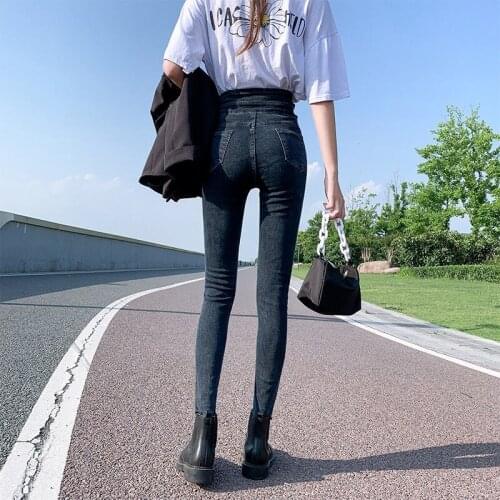 Women 2021 Spring Summer Fashion High-waist Thin Jeans Female New Long Slim Pencil Pants Ladies Skinny Denim Trousers P90