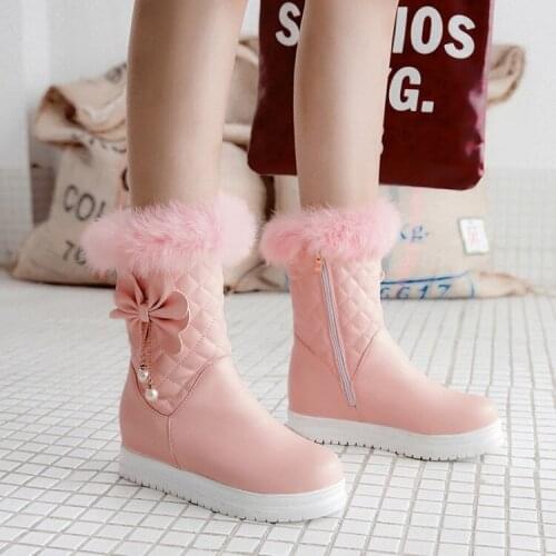 PXELENA 2019 Winter Warm Snow Boots for Women Flower Flat Platform Plush Fur Waterproof Ankle Boots Black White Pink Plus Size