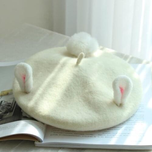 Womens beret hat DIY handmade wool felt rabbit ear painter hat autumn and winter woolen parent-child beanie wholesale