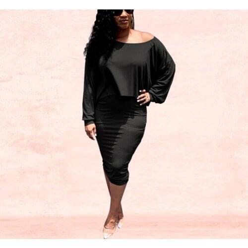 2021 Sexy 2 Piece Set Crop loose o neck long sleeve Top and bodycorn Skirt Beach Ruched Slit Bandage Dress Club Outfits